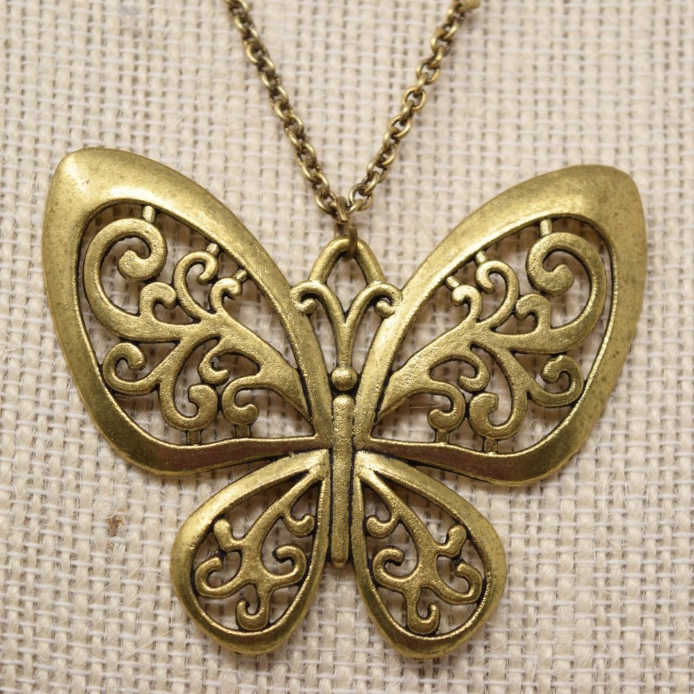 Boho Big Butterfly Necklace Metal Goldtone Brasstone Distressed Pendant & Chain